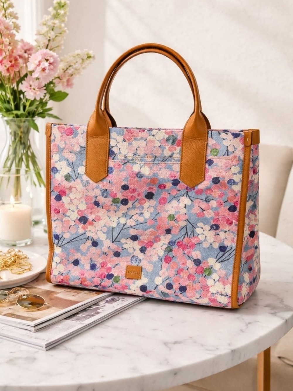 Fossil Skylar Satchel Floral Handbag | Pink Floral Print | Crossbody/Top Handle